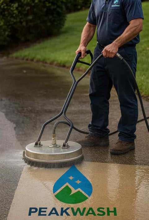Skilled technician using a professional surface cleaner for efficient driveway power washing in Salt