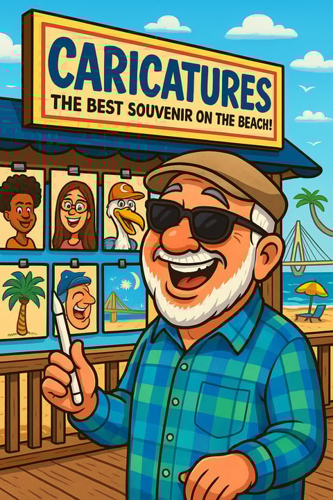 Cartoon of a funny, old man with a digital pencil in front of a Caricature Art booth at the beach.
