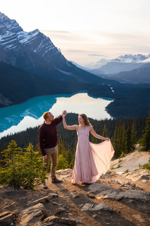 Couple dancing at peyto lake during a elopement