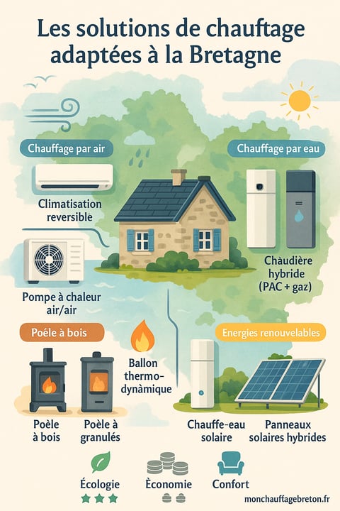 infographie tout comprendre système de chauffage possible en Bretagne adapté PAC Clim Poele Solaire