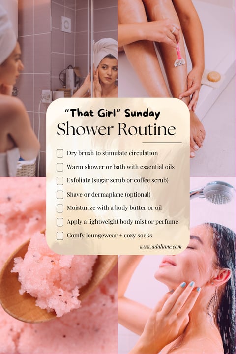 a woman in a bathtub with a towel on her head, a list of weekly steps for shower routine 