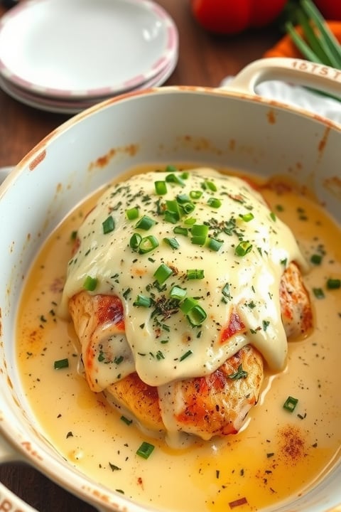 a dish of chicken entree with cheese sauce
