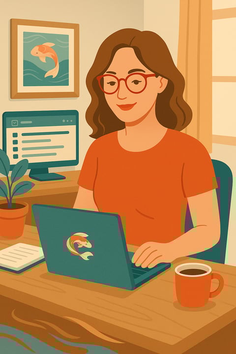 a woman sitting at a desk with a laptop and a cup of coffee