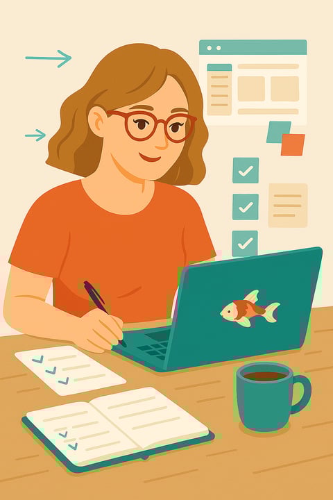 a woman sitting at a desk with a laptop and a cup of coffee