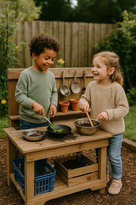 DIY mud kitchen with overhead shade canopy, natural wood counter, and kids playing in a sun-safe environment.
