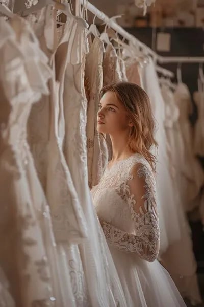 mariée dans un salon mariage regarde robe mariee