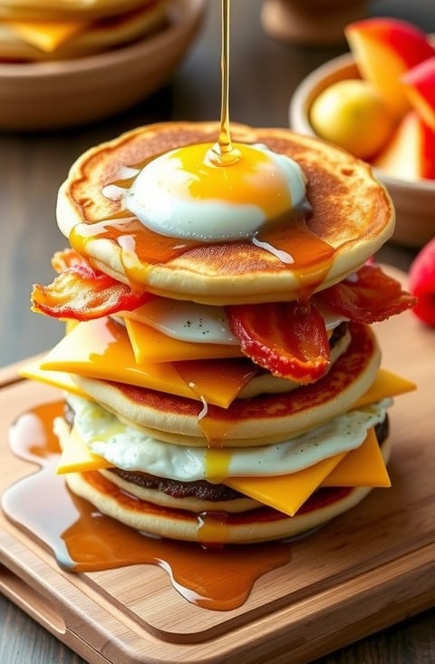a stack of pancakes with eggs and bacon on a wooden board