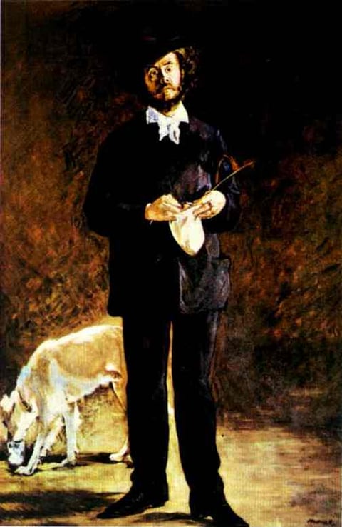 a man in a suit and a dog in a painting