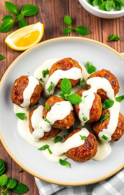 a plate of meatballs with sauce and sauce