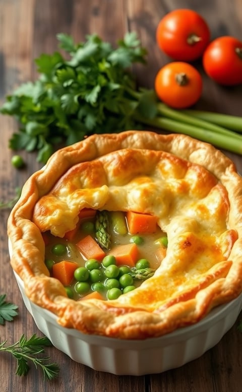 a pie with peas and vegetables in a bowl