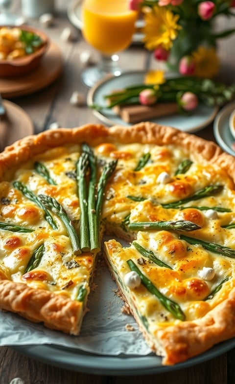 a pie with a slice of asparagust cheese and asparagust