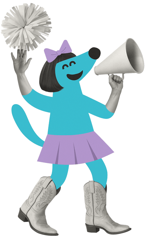 a dog dressed in a costume with a cheerleader pom and megaphone