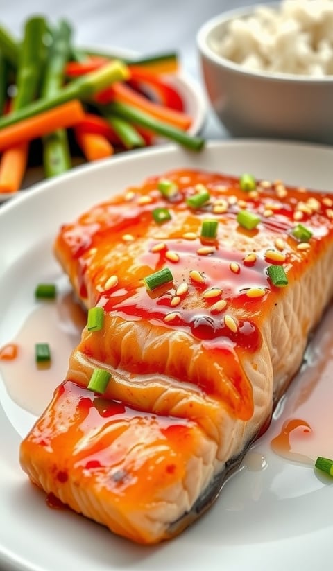 a plate of salmon and vegetables on a plate