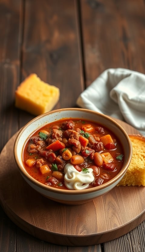 a bowl of soup with a spoon and bread on a wooden board