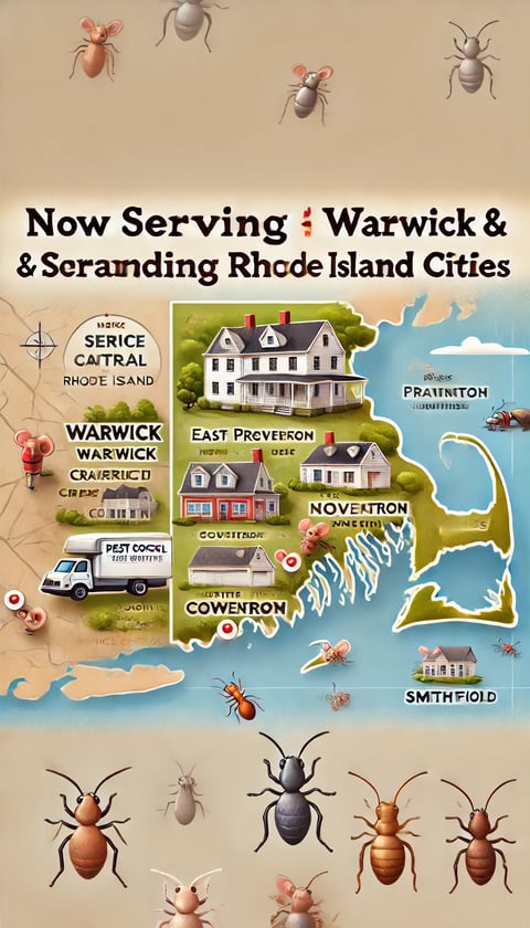 Pest control service areas in Rhode Island – Warwick, Cranston, Providence, East Providence, Coventry, West Warwick, North Ki