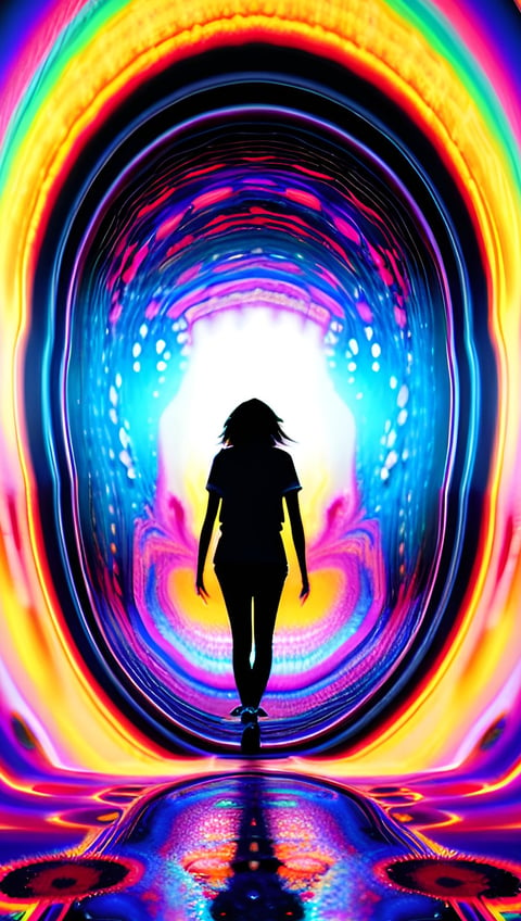 a woman walking into a tunnel with a rainbow light coming out of the tunnel