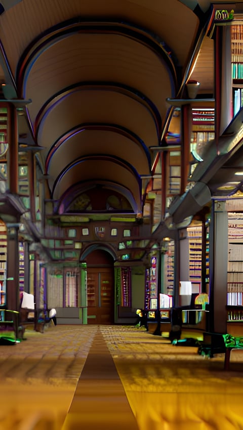 a library with a long row of bookshelves and lamps