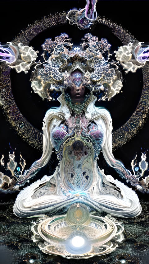 a woman in a white dress sitting in a lotus position