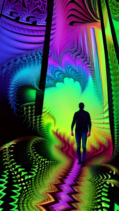 a man walking down a path with a colorful light