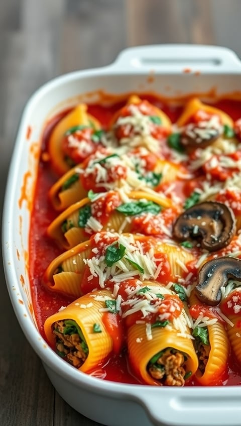 a dish of pasta shells with mushrooms and mushrooms