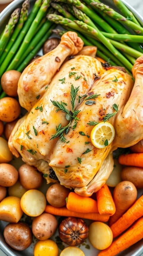 a chicken breasty roasting in a pan with potatoes and vegetables
