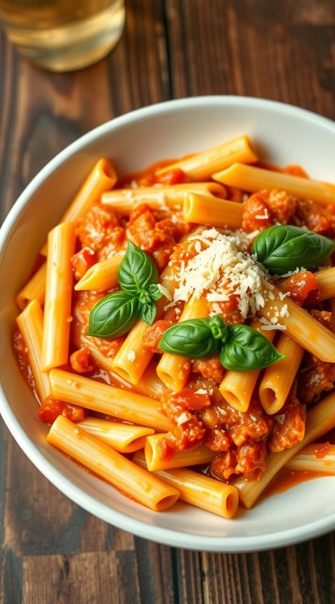 a bowl of pasta with a glass of wine