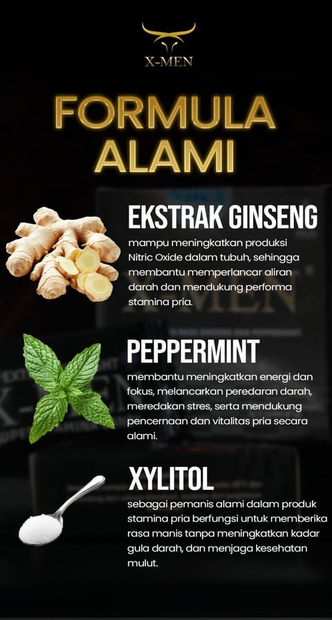 bahan utama permen xmen atau permen x-men yang mengandung ekstrak ginseng untuk stamina, peppermint 
