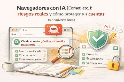 Navegadores con IA (Comet, etc.): riesgos reales y cómo proteger tus cuentas