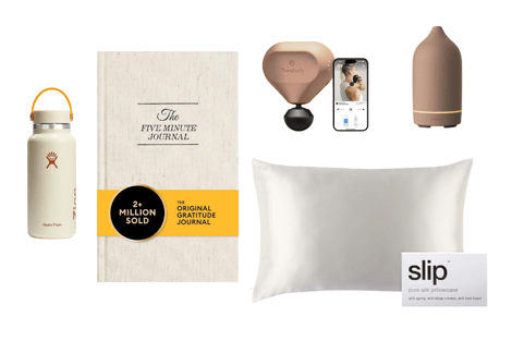 Theragun Mini Massage, Vitruvi Stone, Silk Pillowcase by Slip, Five-Minute Journal, Hydro Flask