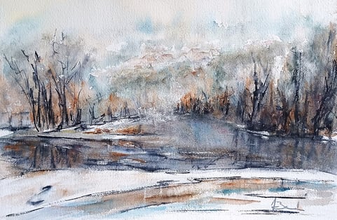 Peinture aquarelle paysage avec un cours d'eau gelé