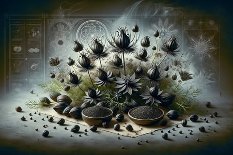 Lejra a bunch of flowers and seeds on a table nigella sativa