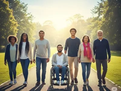 Grupo com diversas pessoas de várias idades e etnias, incluindo uma com necessidades especiais