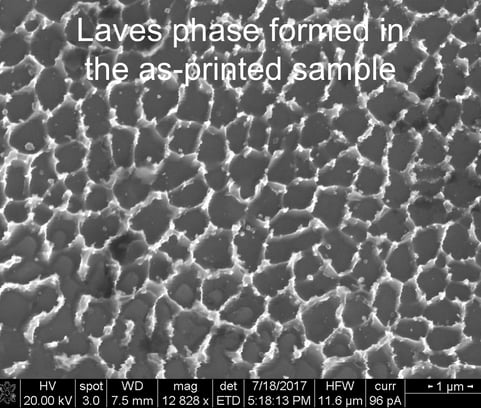 Microstructure of a single track deposited using Selective Laser Melting (SLM) showing Laves phases.