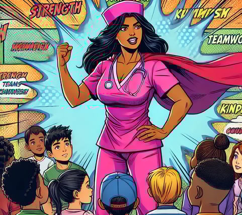 Nurse nova in pink superhero scrubs with glowing blue energy behind her surrounded by a group of diverse children.