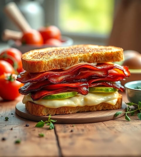 toasted egg, bacon, cheese, tomato and avocado breakfast sandwich