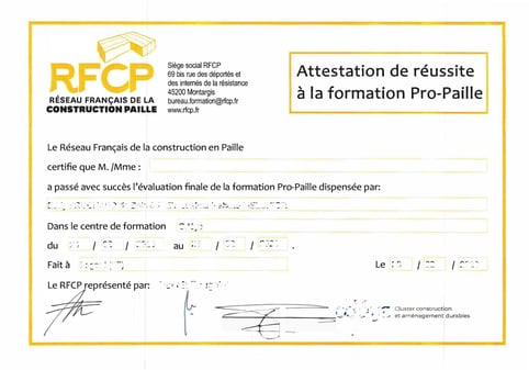 attestation pro paille 2025 spécialiste constructeur certifié adhérent réseau pro