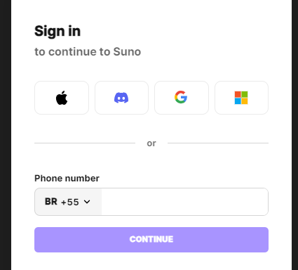 tela de login do Suno