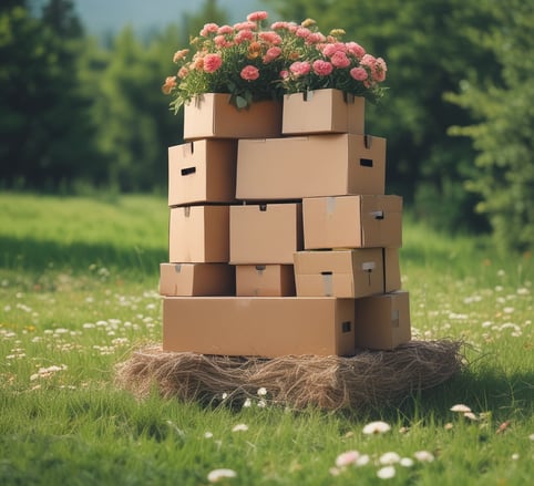 a stack of boxes with flowers on top of it in a meadow