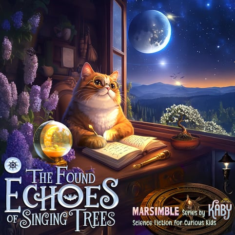 Orange cat wearing round glasses sits at a wooden desk by a window, writing a poem under starry sky
