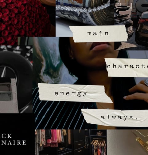a collage of a woman's face and a luxury boss energy money roses  amex cards