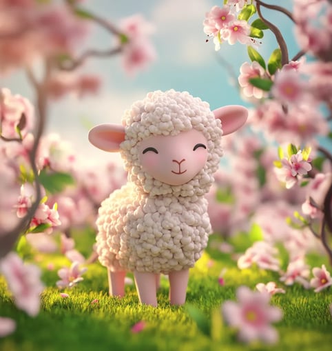 schattig lammetje in de lente, omringt door bloesem