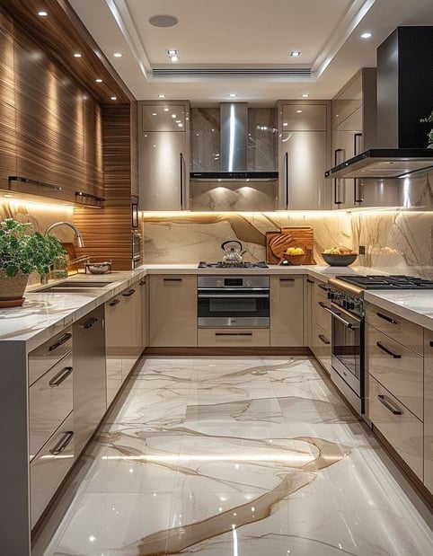 Luxurious modern kitchen with marble finishes and warm ambient lighting.