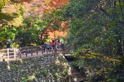 a group of people walking across a bridge