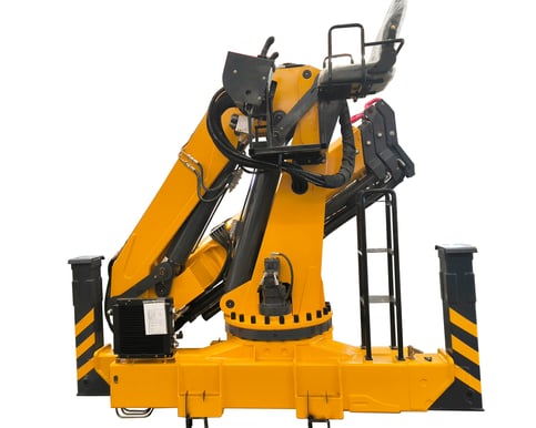 A reliable 10 Ton Knuckle truck mounted crane in yellow and black on a white background.