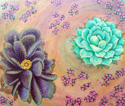 Acrylic painting of a Purple Prickly Pear Castus and a Silver Star Cactus on the desert floor