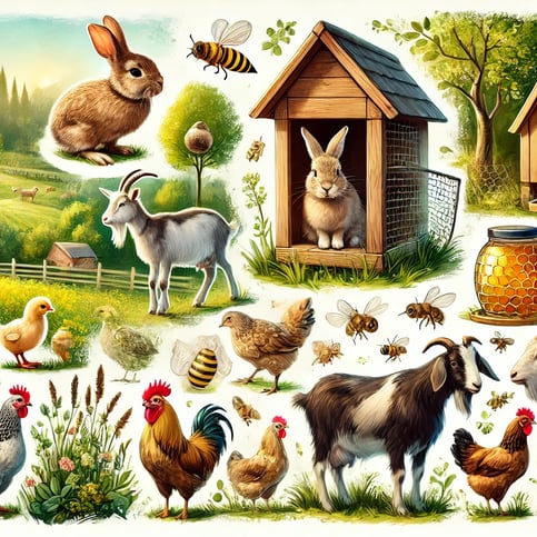 a variety of farm animals like rabbits, quail, goats, chickens, and bees in a peaceful homestead setting