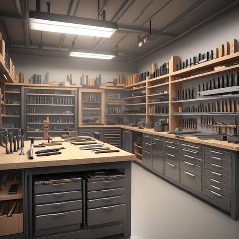 Knife-making supplies, including blades, handles, and tools, displayed in a professional workshop setting