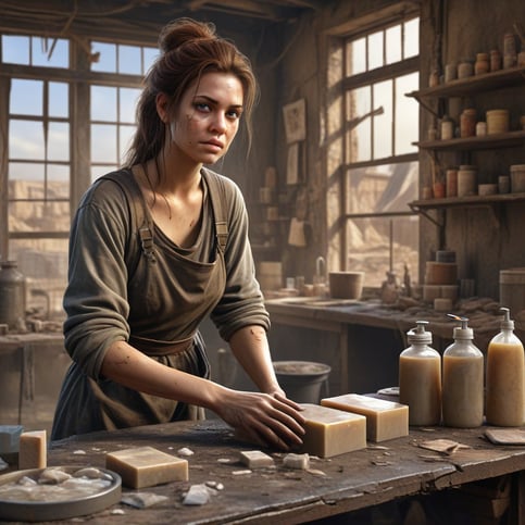 a woman making soap in an apocalyptic setting