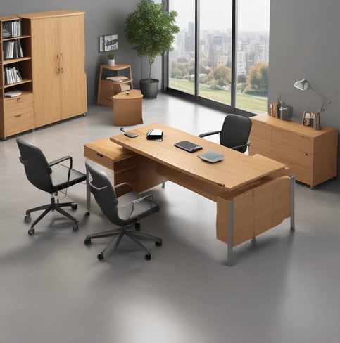 A well-furnished office space with a large wooden desk featuring several items including lamps and a computer. The walls are adorned with framed paintings. There is a meeting area with chairs on the left side and a wooden bookshelf integrated into the wall. The room has a classic and elegant design with patterned rugs on the floor.