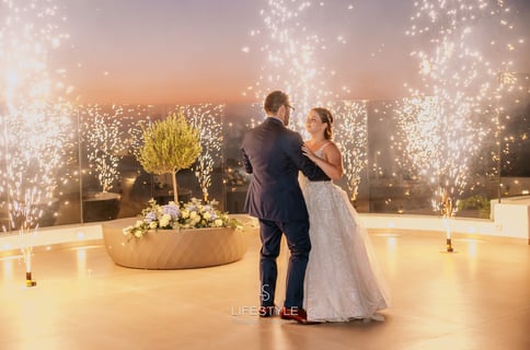 Stunning pyrotechnics show marking a couple’s first dance in Santorini.